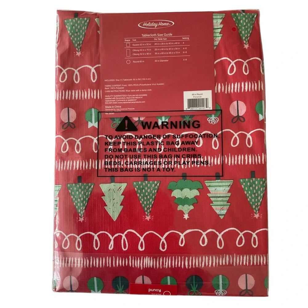 Holiday Home Red‎ Christmas Tree Gift Wrap Round PEVA Tablecloth 60 Inch